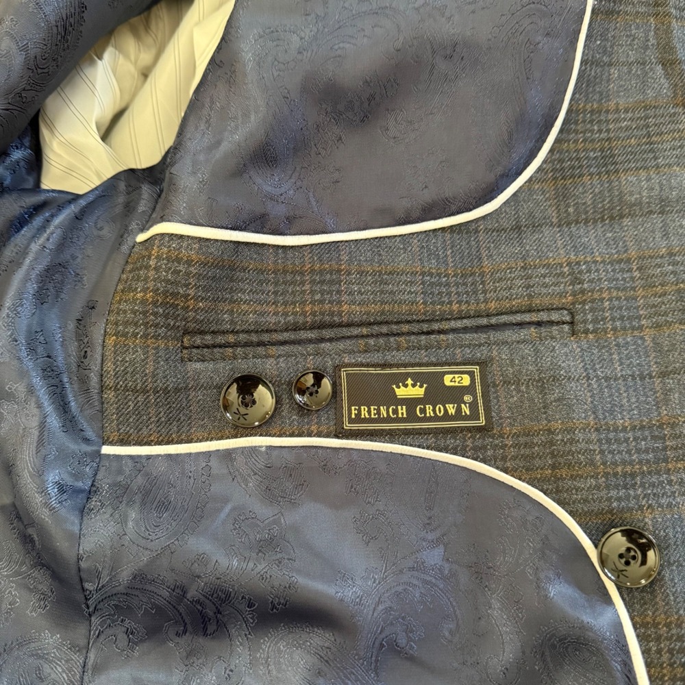 French Crown Suit Mens 42 34x31.5 Gray Blue Plaid Double Breasted AMAZING Wool - Picture 7 of 16